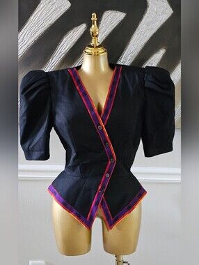 Vintage Ann Tobias Women’s Size 8 Black Puff Sleeve Peplum Blazer Jacket USA 80s